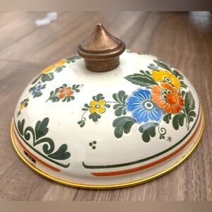 Vintage Elegant Floral Brass, Cream and Gold Rimmed enamel ware lid for pot